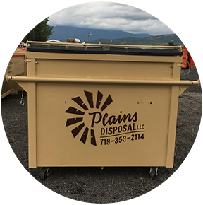 an image of a dumpster that identifies the company, Plains Disposal